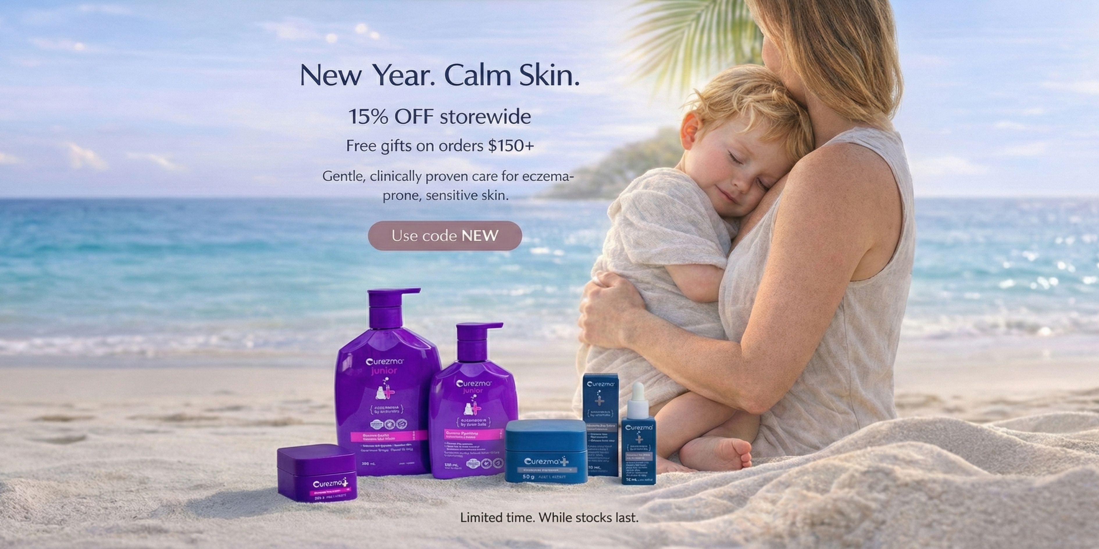 Woman holding a child on a beach with skincare products displayed, featuring a promotional message.
