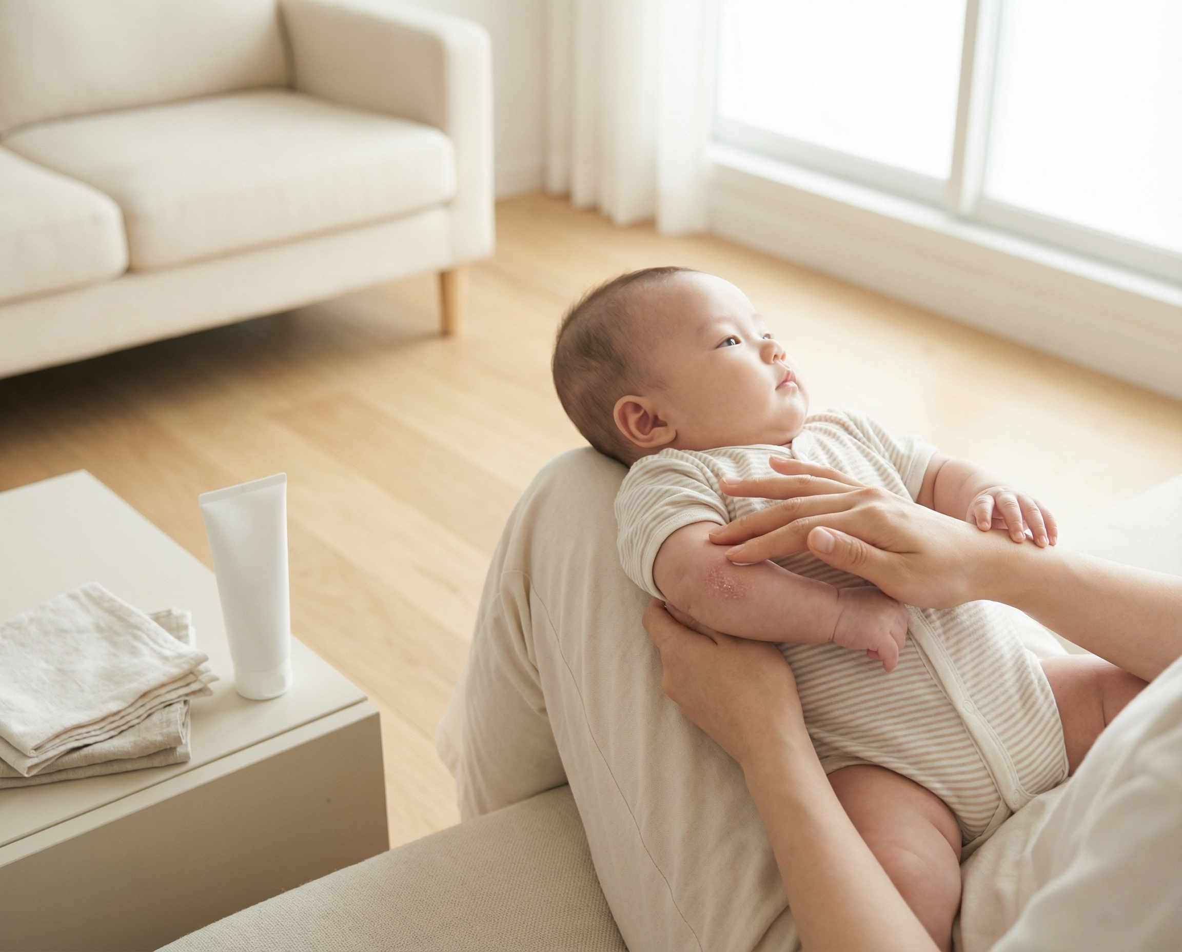 Baby being held by an adult in a bright living room.
