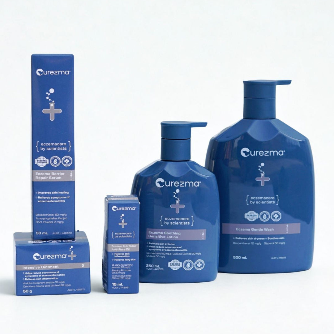 Curezma skincare products including bottles and boxes on a white background