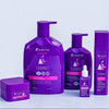 Purple Curezma children's skincare product set on a light gray background