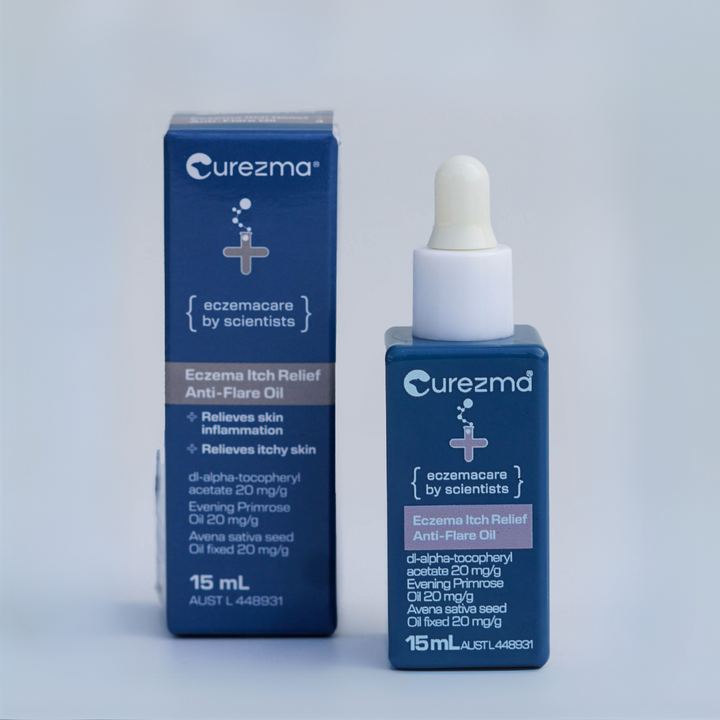 Curezma eczema care product with bottle and packaging on a light gray background