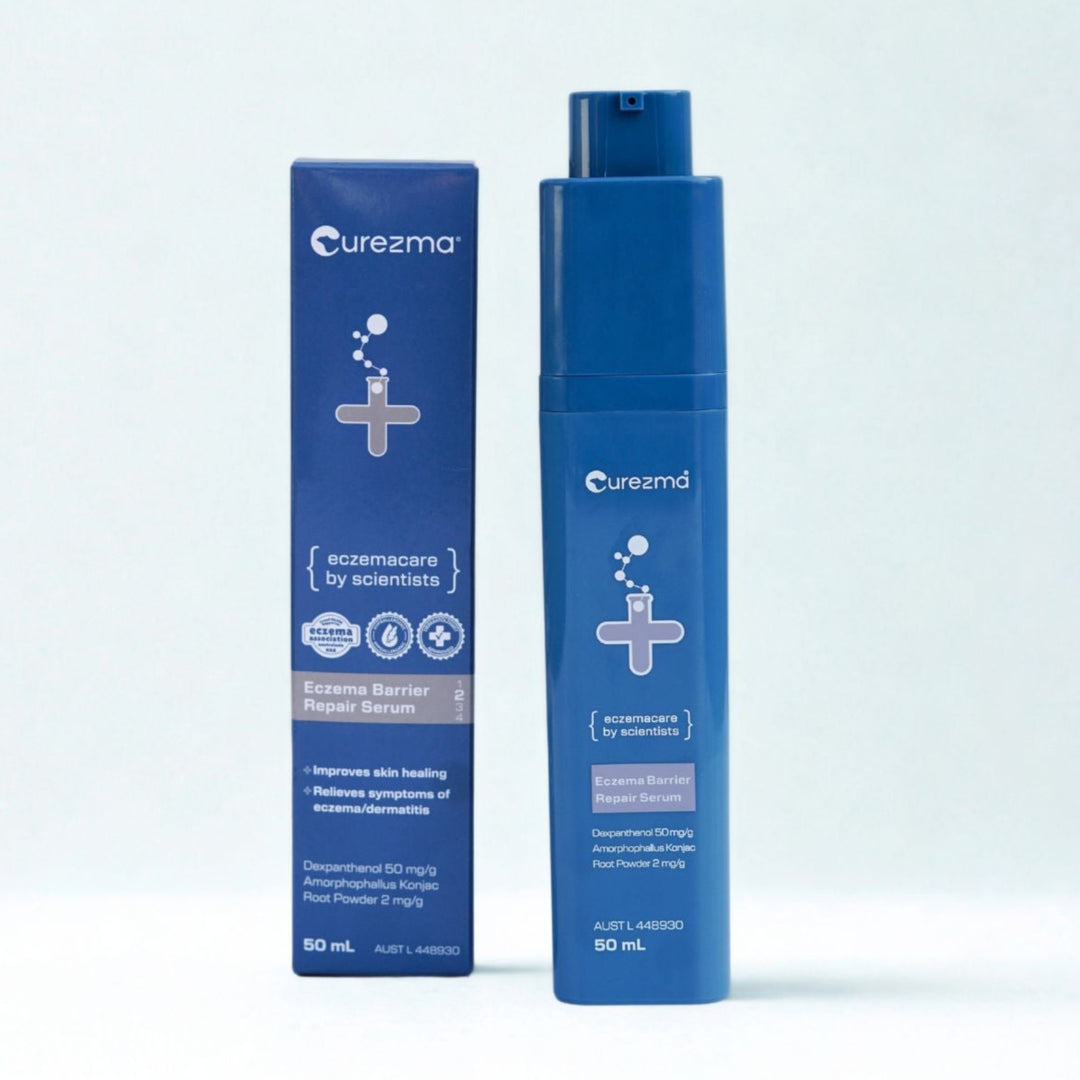 Curezyme skincare product and packaging on a light blue background