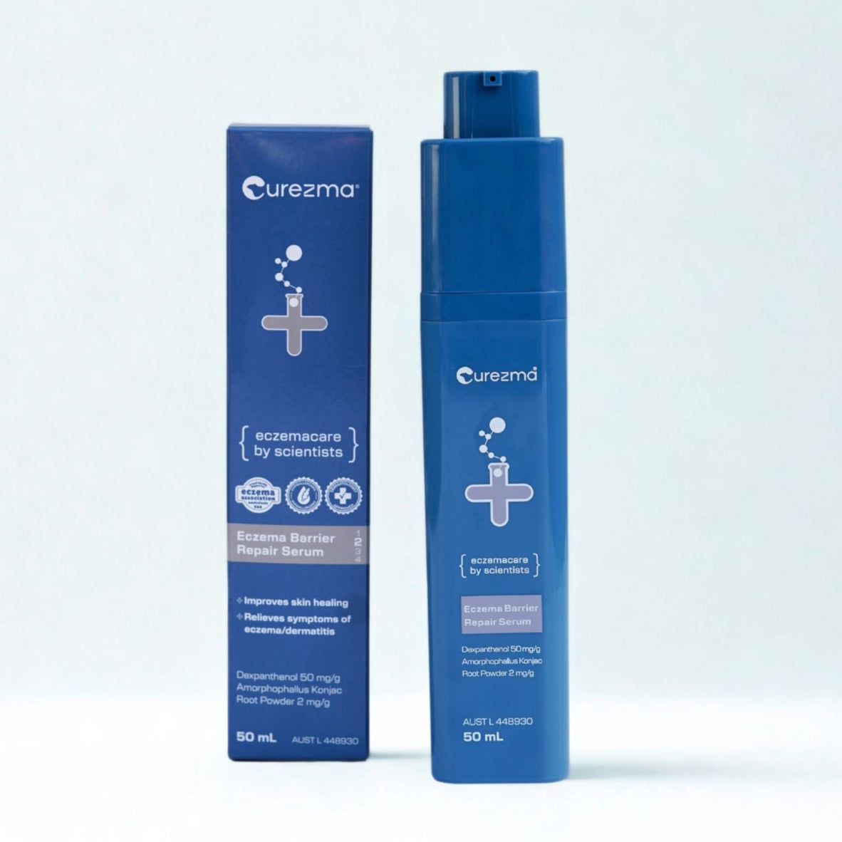 Curezyme skincare product and packaging on a light blue background