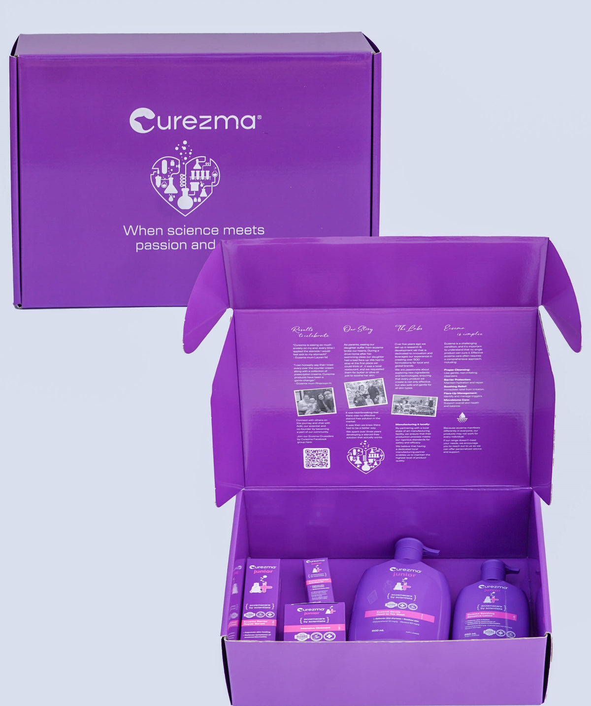 Purple 'curezma' product packaging with bottles and text on a light purple background
