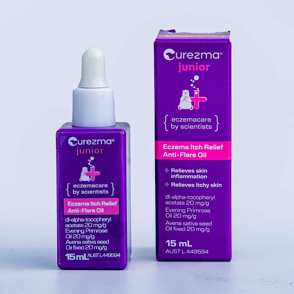 Curezma Junior bottle and box on a light gray background