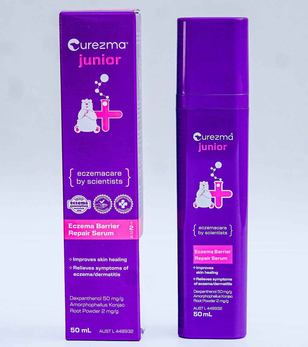 Curezma Junior eczema barrier repair serum packaging on a light gray background
