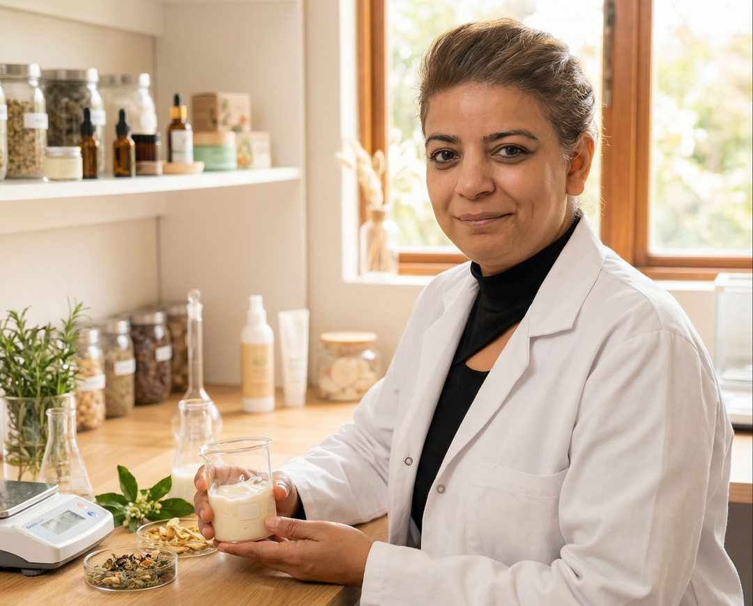 Person in a white lab coat holding a glass of milk in a kitchen setting.