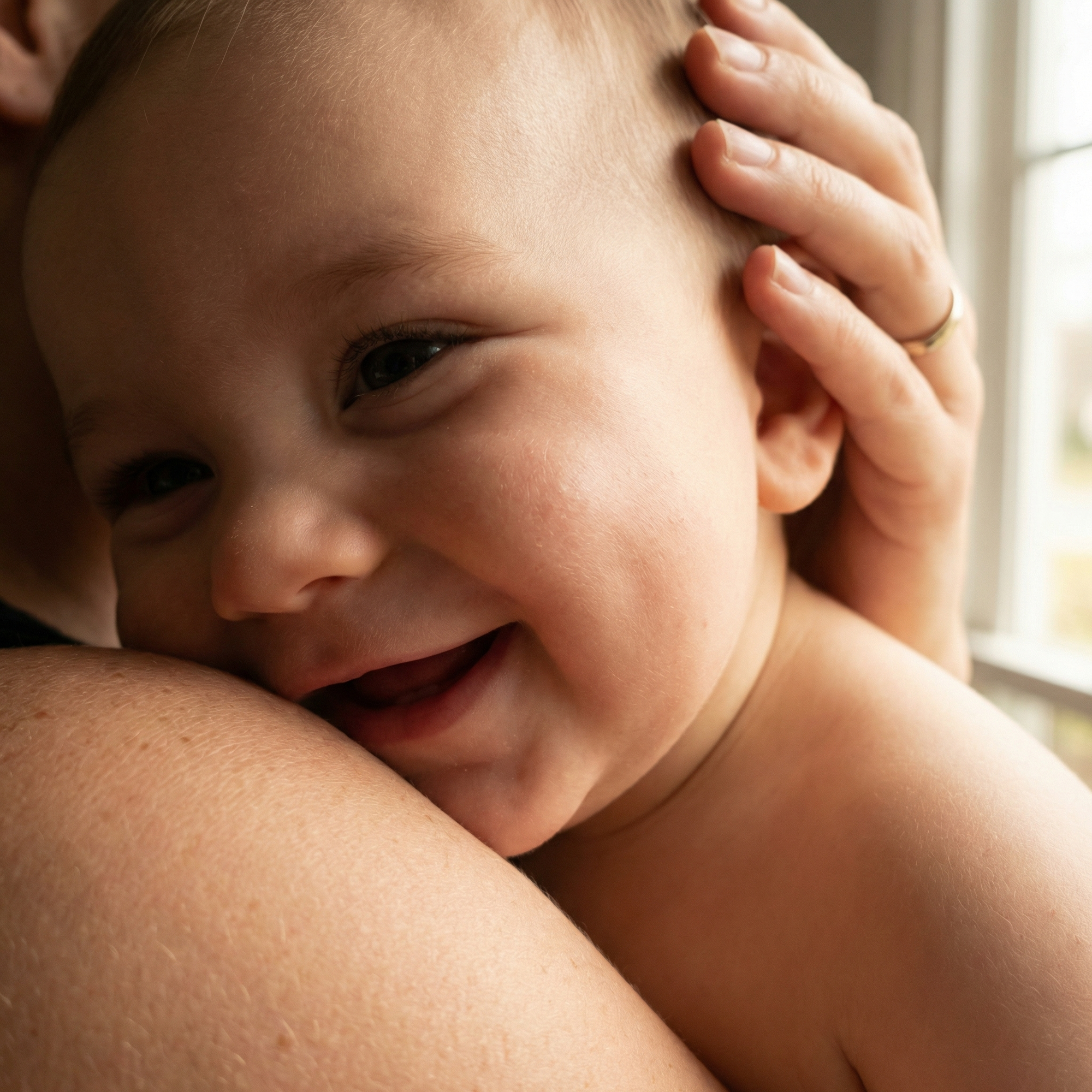 Baby being held by an adult with a blurred background