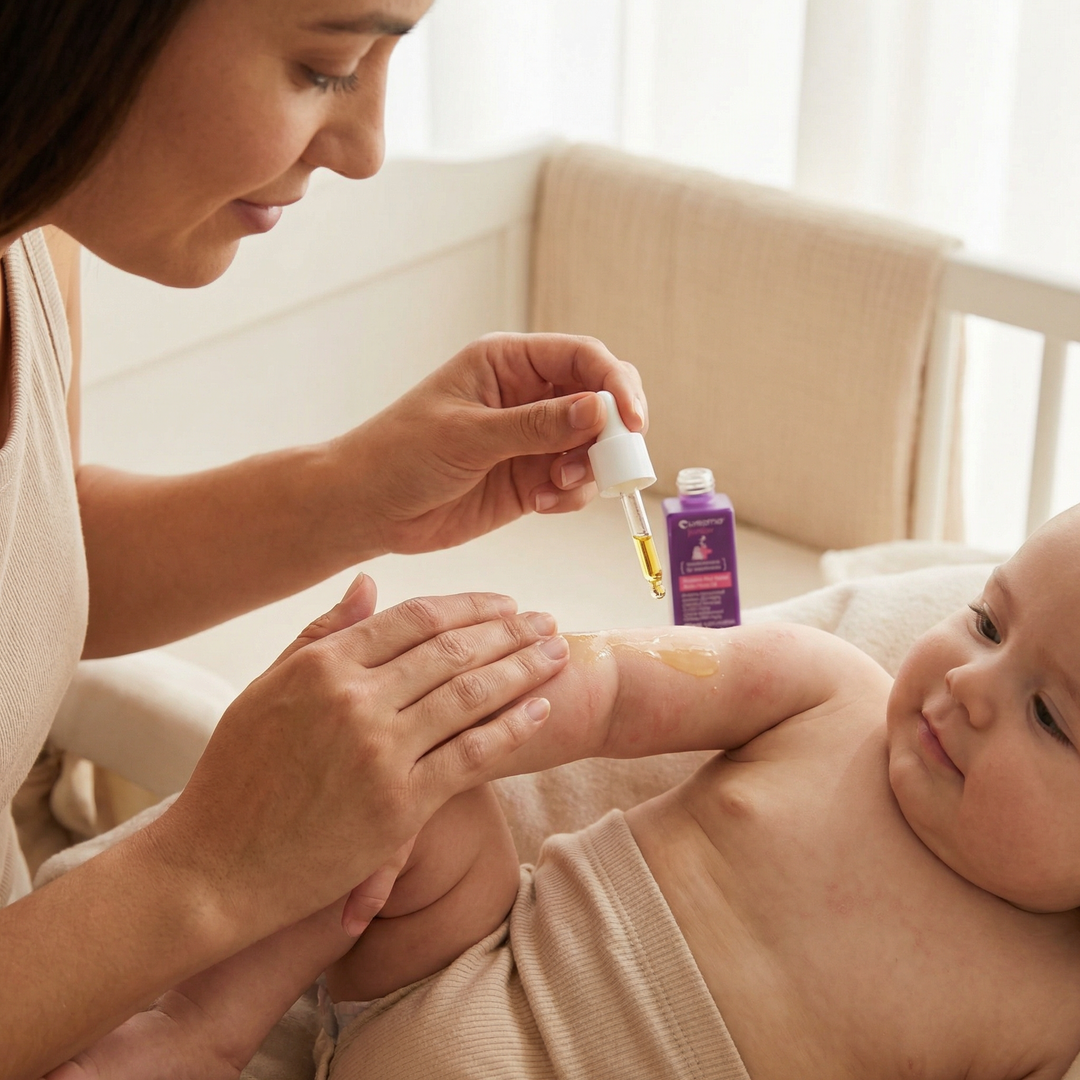 Woman applying a product to a baby's hand in a bright room