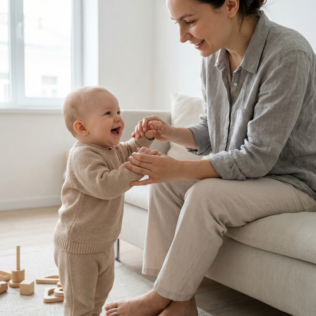 Woman sitting on a couch with a baby in a home setting
