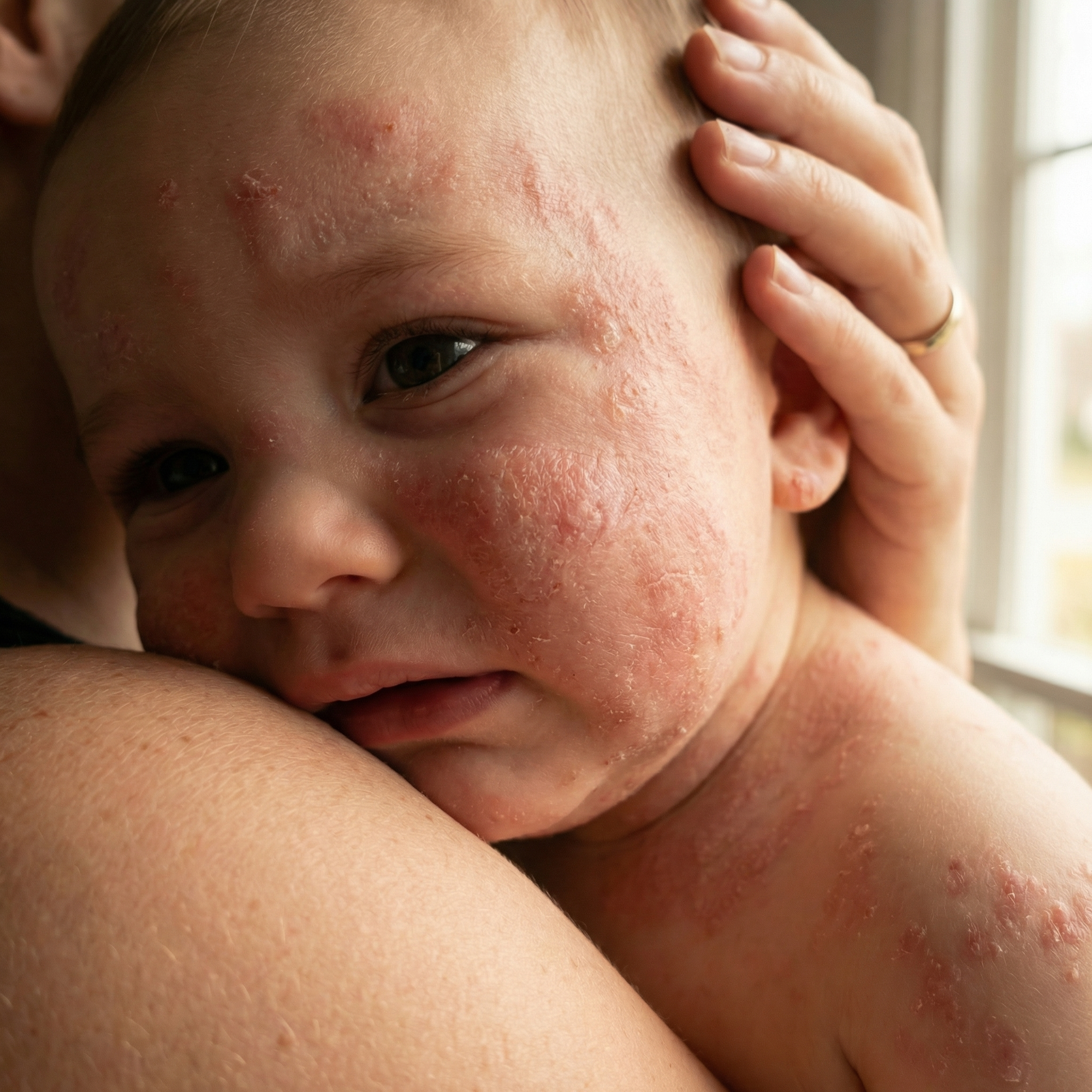 Close-up of a child with a skin condition being held by an adult.